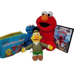 Sesame Street Elmo Cookie Monster Bert Plush Interactive Musical Book DVD Bundle